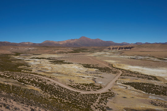 Quebrada Chuba, a wide river valley high on the Altiplano of northern Chile in Lauca National Park.