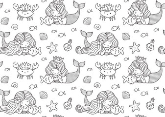 Seamless pattern with little lying mermaid, big fish, krabbe, crown.