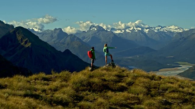 Aerial Caucasian hikers trekking South Island New Zealand