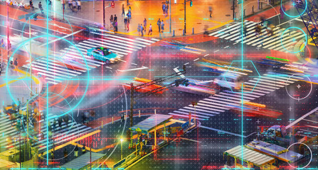 Busy city traffic intersection with technology theme