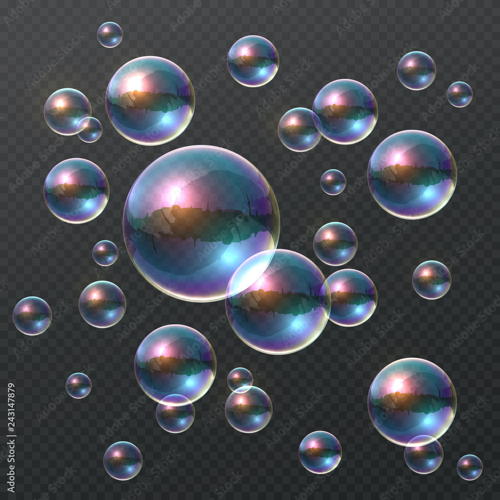 Poster Transparent soap bubble. Realistic colorful 3D bubbles, rainbow clear shampoo ball with color reflection. Vector design template
