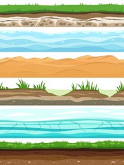 Fototapeta na wymiar Soil layers. Campo ground surface land grass dried desert sand water. Ground levels seamless vector set
