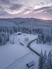 Snow covered winter forest landscape aerial view with pines and mountains in the background. Cold...