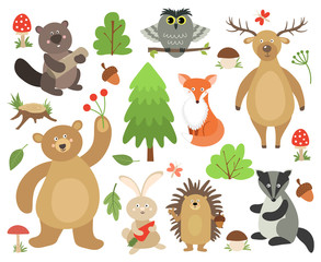 Cute woodland animals. Beaver fox deer owl bear hare hedgehog badger. Cartoon forest animal vector collection