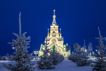 Temple of the Holy Martyr Tatiana in the City of Kogalym in Russia on a winter night