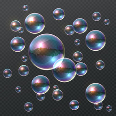 Transparent soap bubble. Realistic colorful 3D bubbles, rainbow clear shampoo ball with color reflection. Vector design template