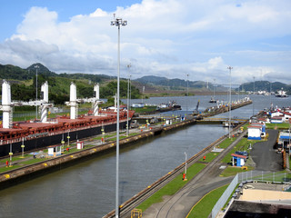 Panama City / Panama / 11. 09. 2018: The second lock of the Panama canal from the Pacific ocean.