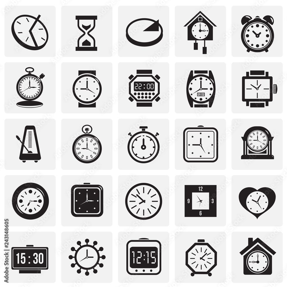 Poster Time icons set on squares background for graphic and web design, Modern simple vector sign. Internet concept. Trendy symbol for website design web button or mobile app