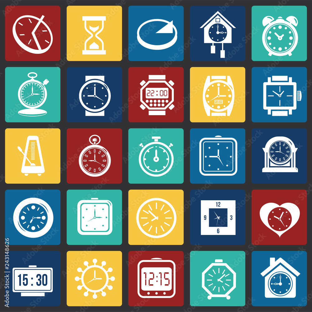 Poster time icons set on color squares background for graphic and web design, modern simple vector sign. in