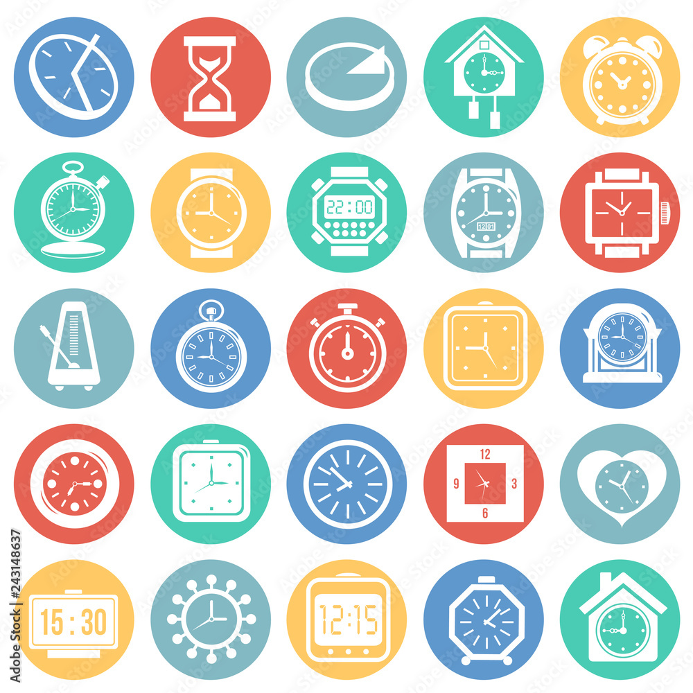 Poster time icons set on color circles background for graphic and web design, modern simple vector sign. in