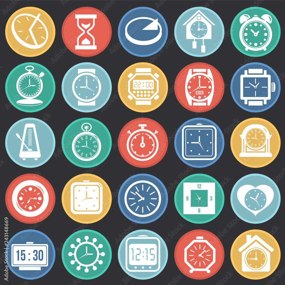 Poster Time icons set on color circles black background for graphic and web design, Modern simple vector sign. Internet concept. Trendy symbol for website design web button or mobile app
