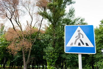 Road signs, road sign pedestrian crossing on a background of trees, traffic rules, driving