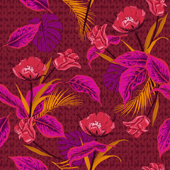 Colorful on red tone tropical wild flower and tulips , leaves jungle forest seamless pattern vector with hand drawn polka dots texture