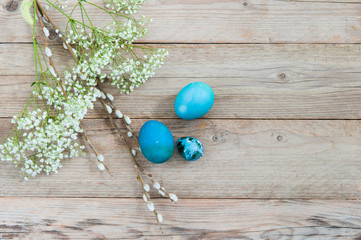 Light wooden background and bright blue Easter eggs with white spring flowers. Place for text. Flat lay