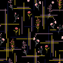 Dark Beautiful and gentle Seamless pattern delicate meadow many kind of  flowers vector with check or grid check