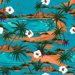 Fototapeta na wymiar Retro summer hawaii seamless island pattern vector. Landscape with palm trees,beach and ocean vector hand drawn style