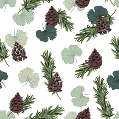 Fototapeta premium Bright Autumn ginko leaves and pine nuts in scatter seamless pattern vector repeat in hand drawn style for fashion fabric,and all prints