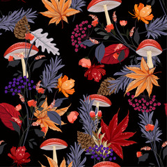 Dark Autumn night garden seamless pattern with hand drawn leaf,mushroom,flowers,pine nuts, oak in the forest ,Colorful motives vector for fashion fabric