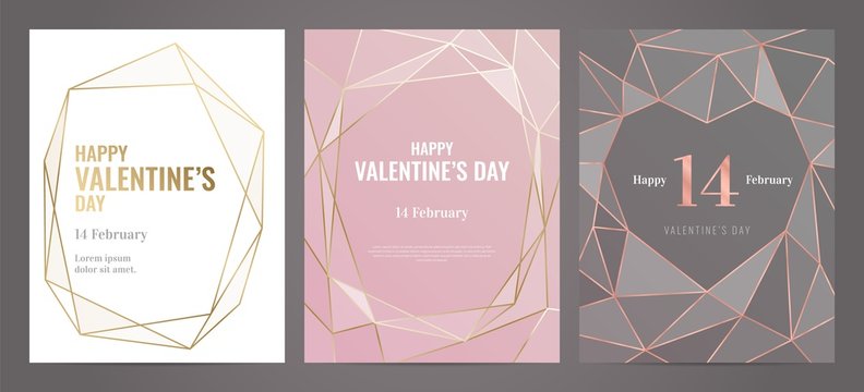 Valentines Day poster Luxury template with gold frame. Invitation template. Geometric shape.