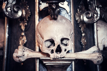 combination of human skulls and bones, symbolizing death, evil, darkness and piracy.