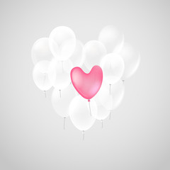 Pink heart air balloon with white balloons. Vector illustration