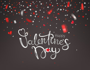Confetti falling down. Happy Valentines Day greeting card. Vector illustration