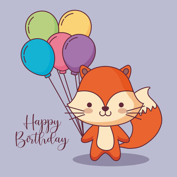 cute fox happy birthday card with balloons helium