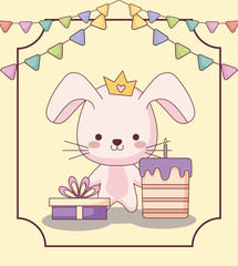 cute rabbit happy birthday card with cake and icons