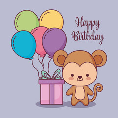 cute monkey happy birthday card with gift and balloons helium