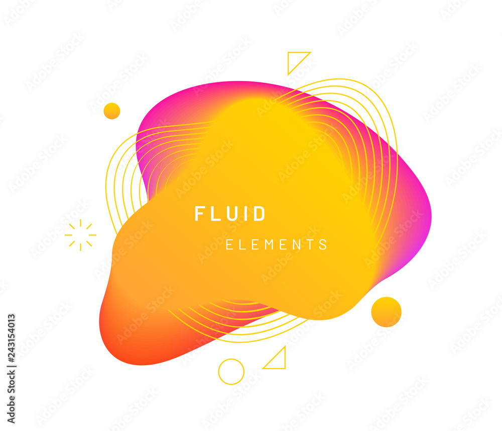Poster Yellow dynamic light on fluid blotch. Golden gradient liquid blob with circles, triangle and wavy lines. Amber modern abstract background for card design or logo template. Dynamical colored shapes