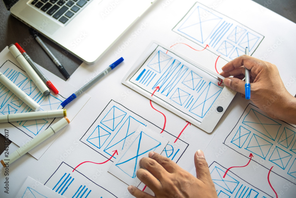 Poster ux graphic designer creative sketch planning application process development prototype wireframe for