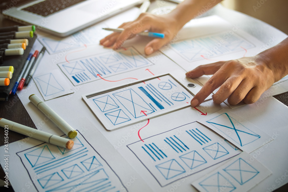 Poster ux graphic designer creative sketch planning application process development prototype wireframe for