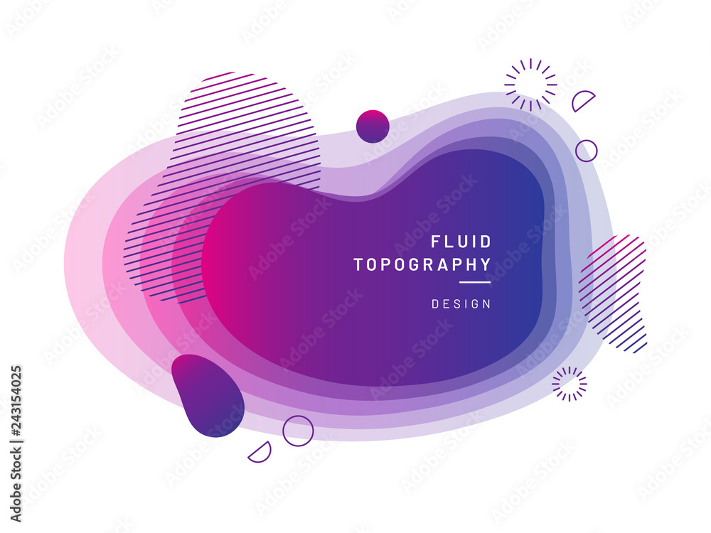 Poster Layered fluid blobs. Yellow and red, violet geometric liquid topography. Abstract blurry free shapes gradient. Brush spot with dynamic colors and circles. Background template for flyer or banner