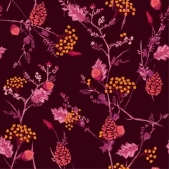 Poster Beautiful  Fresh Autumn pattern with  berries,pine cone,nuts,flowers  and leaves Seamless vector . Fall colorful floral background.pattern for fashion,fabric and all prints © MSNTY_STUDIOX