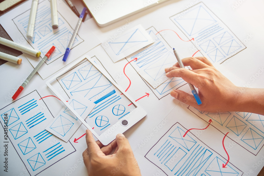Poster ux graphic designer creative sketch planning application process development prototype wireframe for
