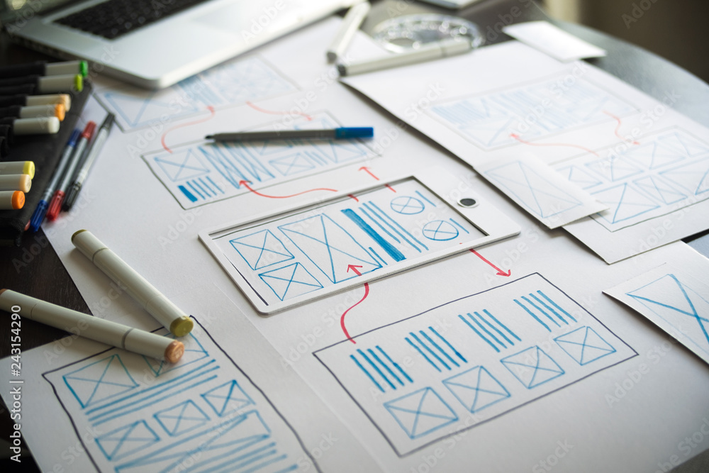 Poster ux graphic designer creative sketch planning application process development prototype wireframe for