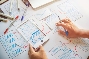 ux Graphic designer creative  sketch planning application process development prototype wireframe for web mobile phone . User experience concept.