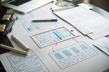 ux Graphic designer creative  sketch planning application process development prototype wireframe for web mobile phone . User experience concept.