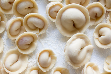 Dough made for modeling homemade ravioli, pelmeni or dumplings . Traditional Russian dish, national cuisine. Home cooking, handmade.