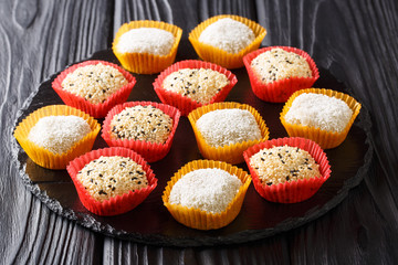 Japanese mochi rice cake. Stuffed with sweet bean jam on slate. Horizontal