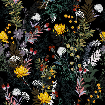 Soft and gentle Dark garden in the night full of  blooming flower in many kind of florals seasonal seamless pattern vector ,hand drawing style for fashion, fabric and all prints