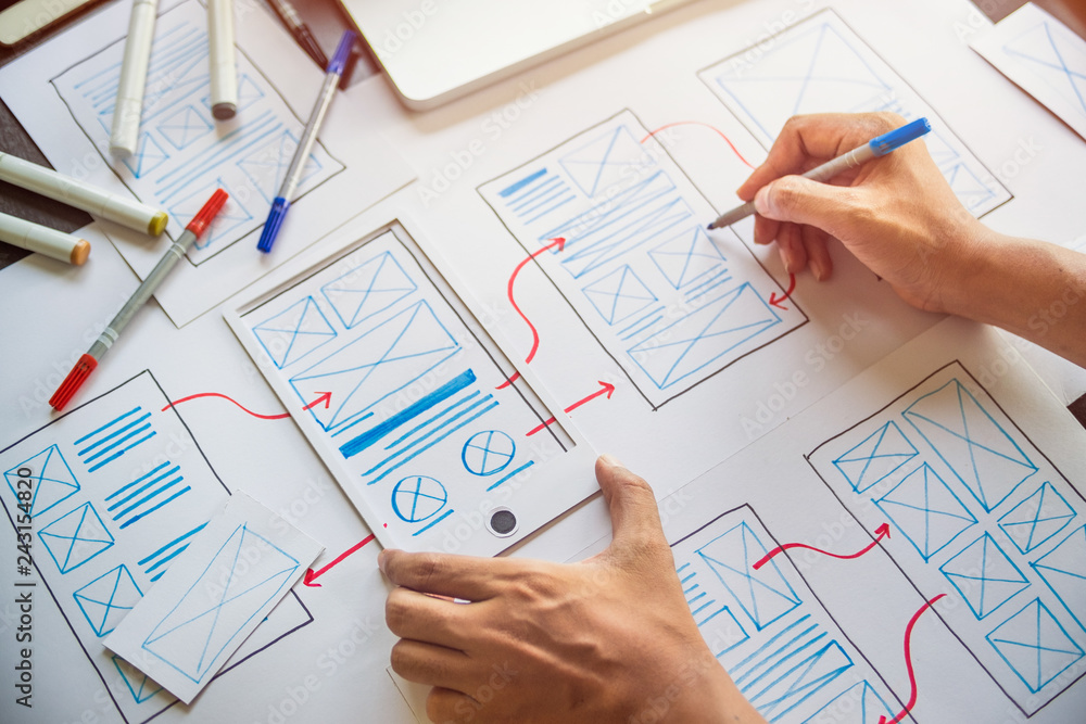 Poster ux graphic designer creative sketch planning application process development prototype wireframe for