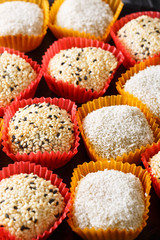 Vertical background traditional Japanese rice dessert mochi mix closeup