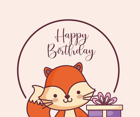 Fototapeta na wymiar cute fox happy birthday card and gift