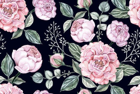 Seamless pattern pink rose flowers vintage on dark blue isolated  background. Watercolor illustration hand drawn.