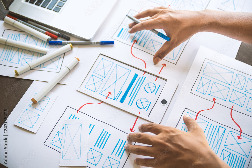 Poster ux graphic designer creative sketch planning application process development prototype wireframe for