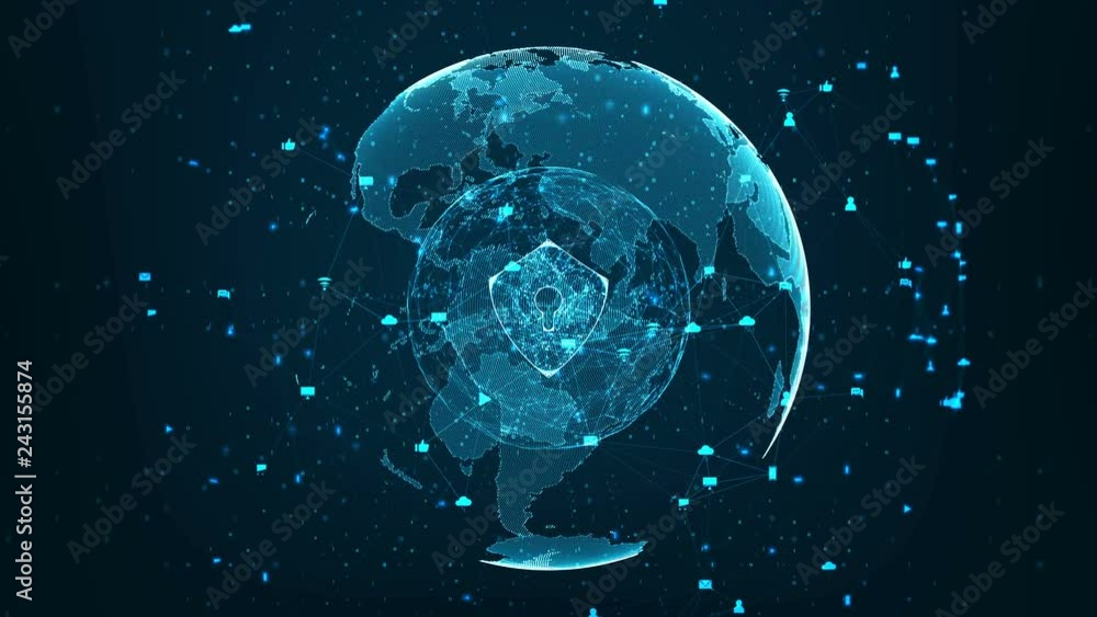 Poster internet technology network and cyber security concept .shield icon on secure data global network te