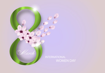 Fototapeta premium Green Digit eight decorated flowers and petals for Holiday March 8 International Women's Day on light background. Vector