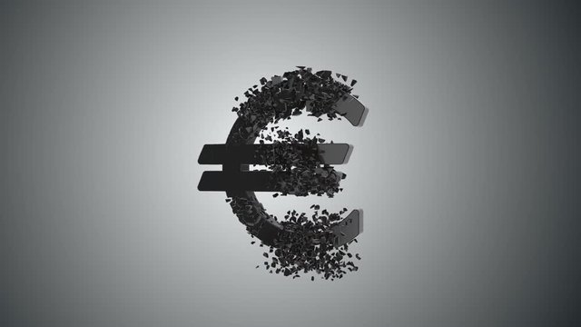 Fractured Euro value 3d model with disappearing effect. Financial crisis concept. Available in FullHD and HD video.
