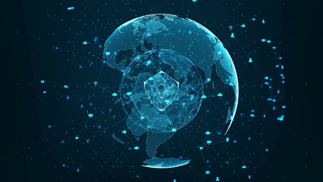 Internet technology network and cyber security concept .Shield icon on secure data global network technology With social network icons surrounded, cyber attack protection for worldwide connections.